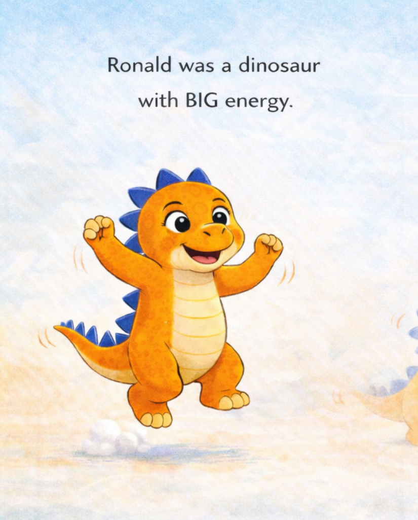 Ronald the dinosaur, full of BIG energy — bouncing, smiling, claws raised.