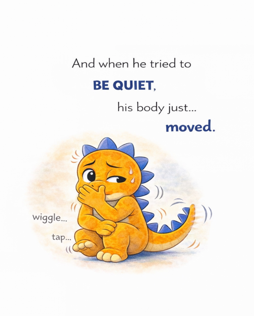 Ronald the dinosaur sweating and wiggling as he tries to be quiet.