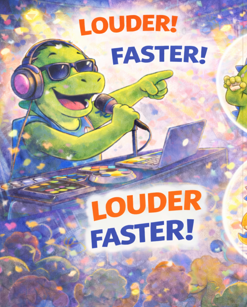Ronald and the kids dancing — louder, faster.